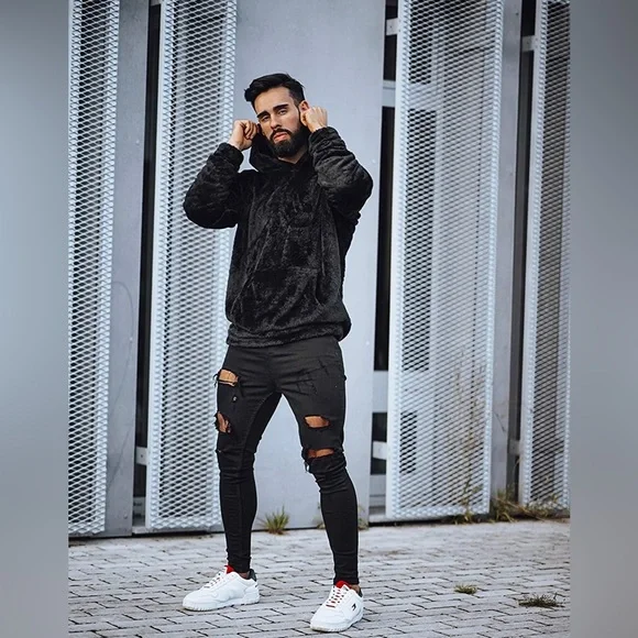 BRAND NEW MENS TRENDY GREY FUZZY SHERPA HOODIE NWT - Picture 4 of 4